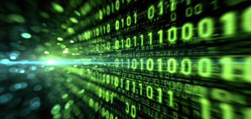 The binary code data stream racing through a futuristic digital matrix display
