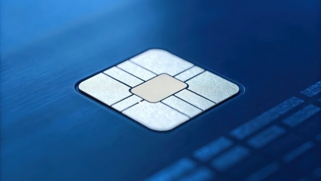 Detailed view of credit card chip against deep blue — illustrating digital transaction security - Powered by Adobe