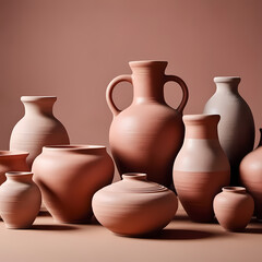 Neutral Clay Pottery Collection on Dusty Rose Background  