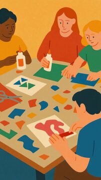 Illustration of diverse group crafting at a table, top-down angle. Bright colors and playful style evoke a video game or animated scene. Live mobile wallpaper.