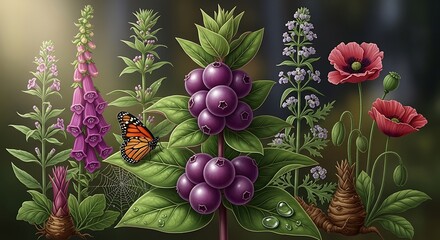 Detailed botanical illustration featuring various flowers and a butterfly