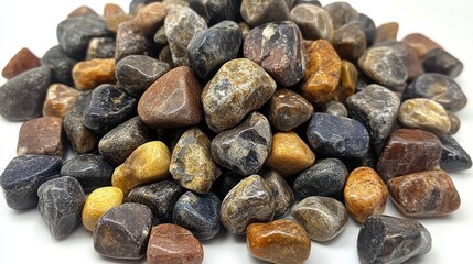 Colorful tumbled stones, various sizes and shapes, displayed on white background