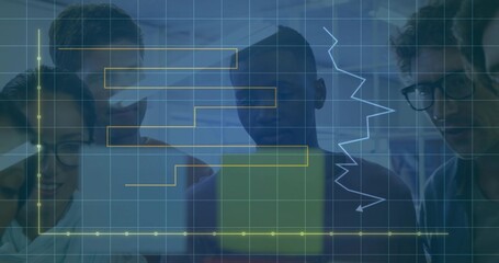 Six professionals analyzing data around translucent display in office with grid lines and charts