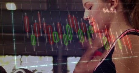 Running female athlete in sleeveless top on treadmill at gym, candlestick chart overlay, copy space