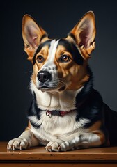 Elegant corgi portrait on wooden surface with dark gray background