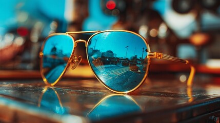 Stylish sunglasses reflection outdoors