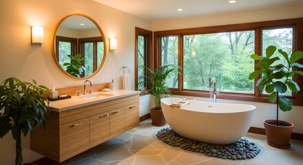Modern bathroom with freestanding tub and large windows overlooking nature