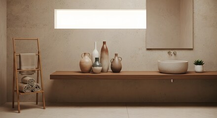 Modern bathroom vanity with decorative vases and towels