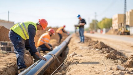Construction team installing underground pipe — trench work under clear sky
