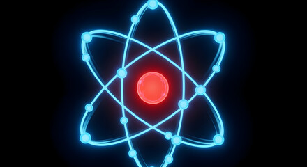 Neon atomic symbol with glowing nucleus: futuristic blue electron orbits around a red core on black background — science, nuclear and atomic energy concept