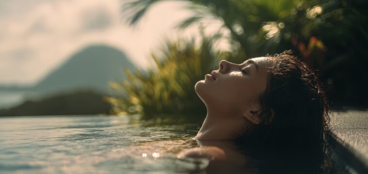 The woman relaxing in a tropical infinity pool at golden hour with distant island mountain