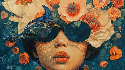 Fantasy female portrait with flowers, bird and butterfly in a wreath - surreal art, modern illustration