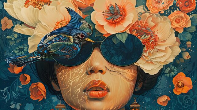 Fantasy female portrait with flowers, bird and butterfly in a wreath - surreal art, modern illustration
