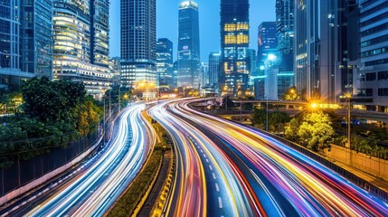 Fototapeta premium Night cityscape with light trails on highway.