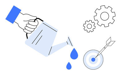 Hand pouring water droplets from watering can, gears for processes, and bullseye with arrow. Ideal for growth, strategy, teamwork, precision, innovation business goals potential. Simple flat