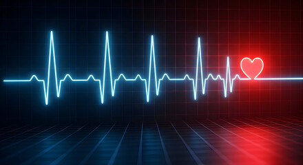 Medical heartbeat and cardiology pulse line: glowing ECG waveform morphing into red heart shape on black background — health monitoring, cardiac care and life-signs concept