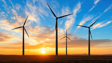 Fototapeta premium Wind turbines silhouette against sunset sky, creating serene atmosphere