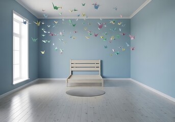 Minimalist room interior with origami birds creating a tranquil ambiance
