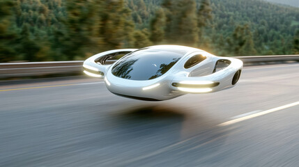 Futuristic flying car soaring above highway, showcasing advanced technology and sleek design