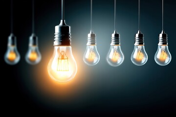 Electric light bulbs, only one glows, against a dark background. The concept of idea and innovation. Generative Ai
