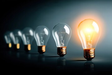 Electric light bulbs, only one glows, against a dark background. The concept of idea and innovation. Generative Ai
