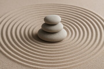 Stones in Concentric Circles of Raked Sand Zen Garden
