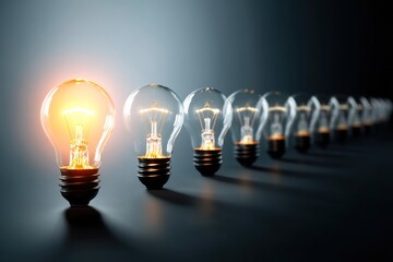 Electric light bulbs, only one glows, against a dark background. The concept of idea and innovation. Generative Ai