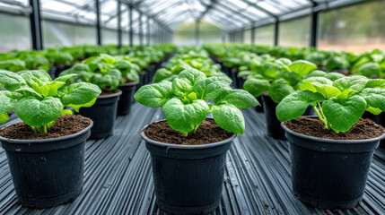 Greenhouse with potted plants thriving rich soil, showcasing vibrant green leaves and healthy