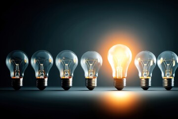 Electric light bulbs, only one glows, against a dark background. The concept of idea and innovation. Generative Ai