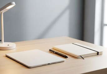 Modern workspace composition with tablet, notebook and lamp for productivity