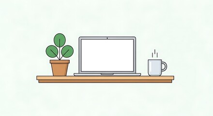 Modern workspace minimalist illustration with computer, mug and plant