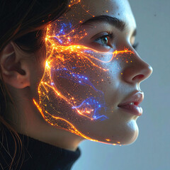 Futuristic AI dream portrait with glowing fractal light patterns and cosmic aura