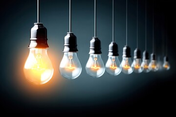 Electric light bulbs, only one glows, against a dark background. The concept of idea and innovation. Generative Ai