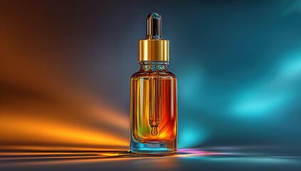 A golden dropper bottle with liquid, set against gradient orange and blue lighting