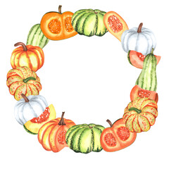 Autumn fall wreath with orange, white, green pumpkins and slices. Fall harvest festival decoration. Thanksgiving circle frame. Hand-drawn illustration for printing design, postcards, invitations