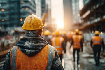 Obraz premium A construction worker leads a crew through a bustling urban construction site during golden hour