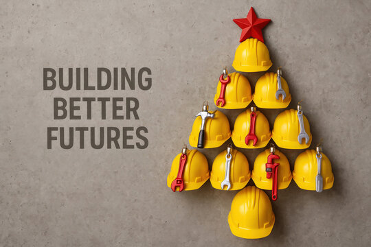 Yellow construction hard hats arranged as a christmas tree with red star and tool ornaments on a rough concrete background, bold slogan at left space, concept of corporate holiday greeting