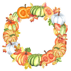 Circle frame with orange, white, green pumpkins, oak and maple leaves. Fall harvest festival wreath. Thanksgiving clipart. Hand-drawn illustration for printing design, postcards, invitations