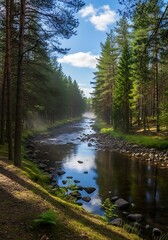 Peaceful river flowing through vibrant evergreen forest landscape