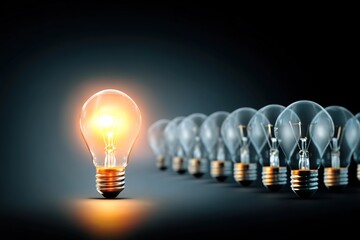 Electric light bulbs, only one glows, against a dark background. The concept of idea and innovation. Generative Ai