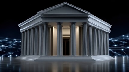 Fototapeta premium Stylized bank building with classical architecture illuminated by digital network connections at night showcasing modernity and tradition