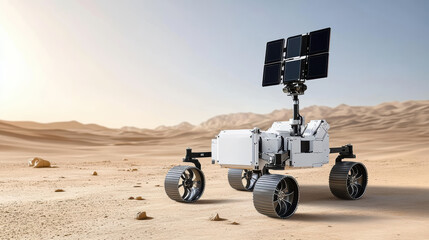 Mars rover exploring desert landscape with solar panels and advanced technology