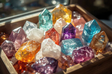 Colorful collection of sparkling crystals in a wooden tray illuminated by natural light