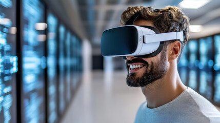 Exploring virtual reality technology, man wears VR headset, smiling with excitement