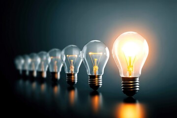 Electric light bulbs, only one glows, against a dark background. The concept of idea and innovation. Generative Ai
