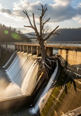 Resilient bare tree growing from dam, symbolizes endurance and adaptation