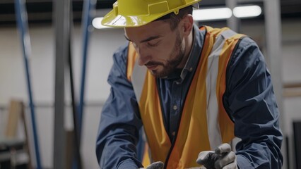 Man in hard hat working on machine. Worker in construction vest with yellow gloves and helmet. Professional engineer inspects building for a building inspection. A man wearing a hard hat is lifestyle.