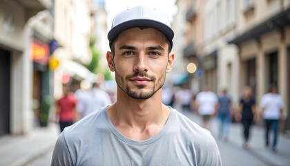 Fototapeta premium A stylish man in a baseball cap, focused gaze, and soft-toned attire, stands in a bustling city street, creating an approachable and confident image.