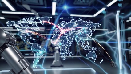 A robot is connected to the world map. Robotics is a technology that enables artificial intelligence and automation. Digital intelligence data and connections to global mapping engineering. Lifestyle.