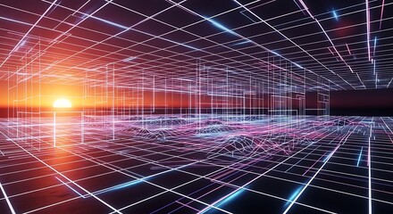 Retro future grid with glowing lines at sunset, abstract illustration